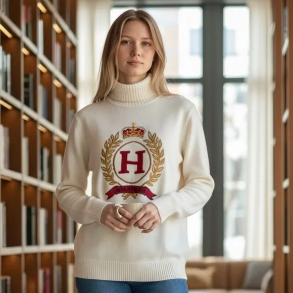 TOMMY HILFIGER CREAM TURTLENECK VINTAGE EMBROIDERED CREST PREPPY SWEATER SZ S-M - Picture 1 of 14